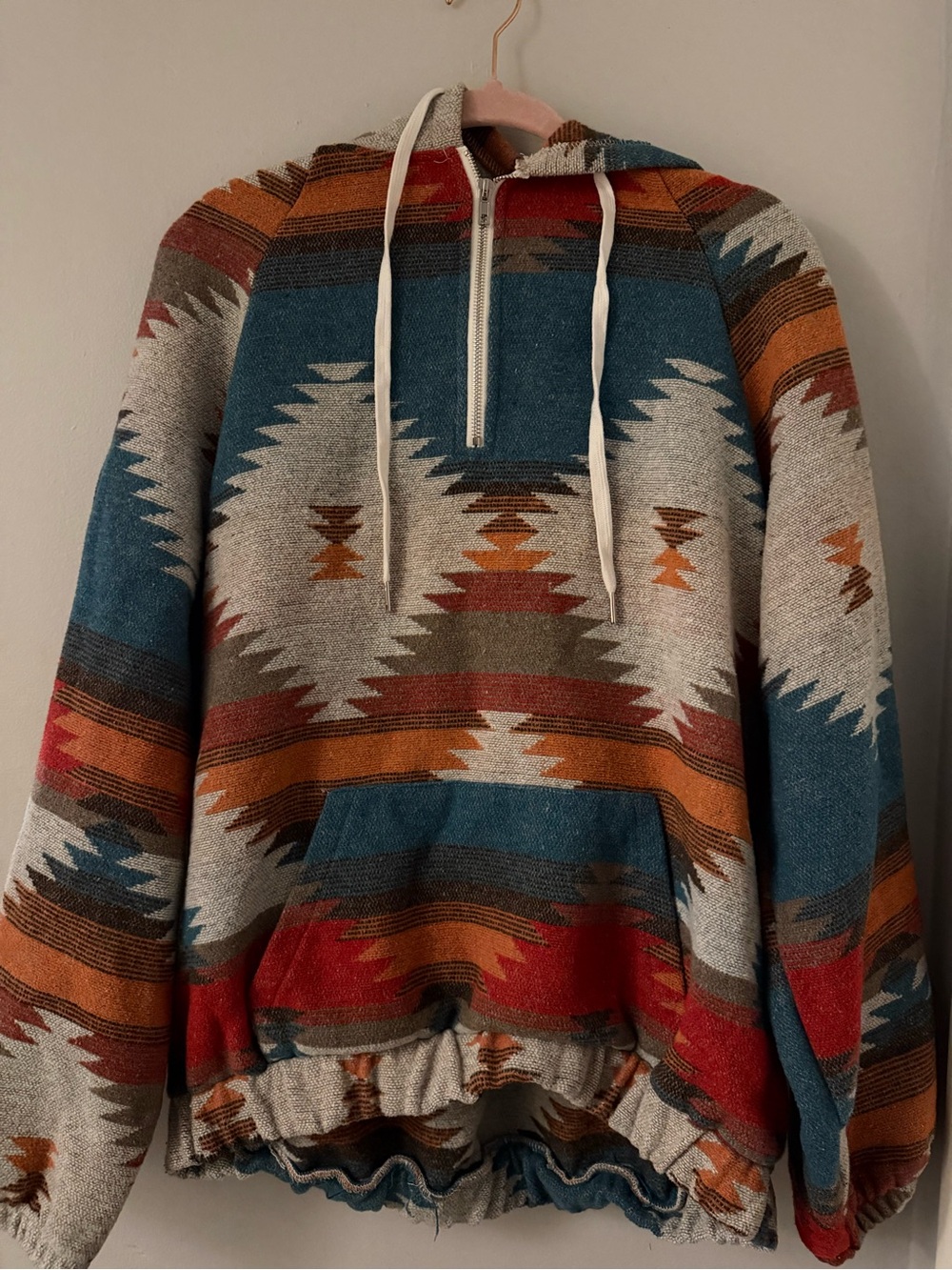 Men's Aztec-Pattern Pullover Hoodie - Teal, Rust & Cream
